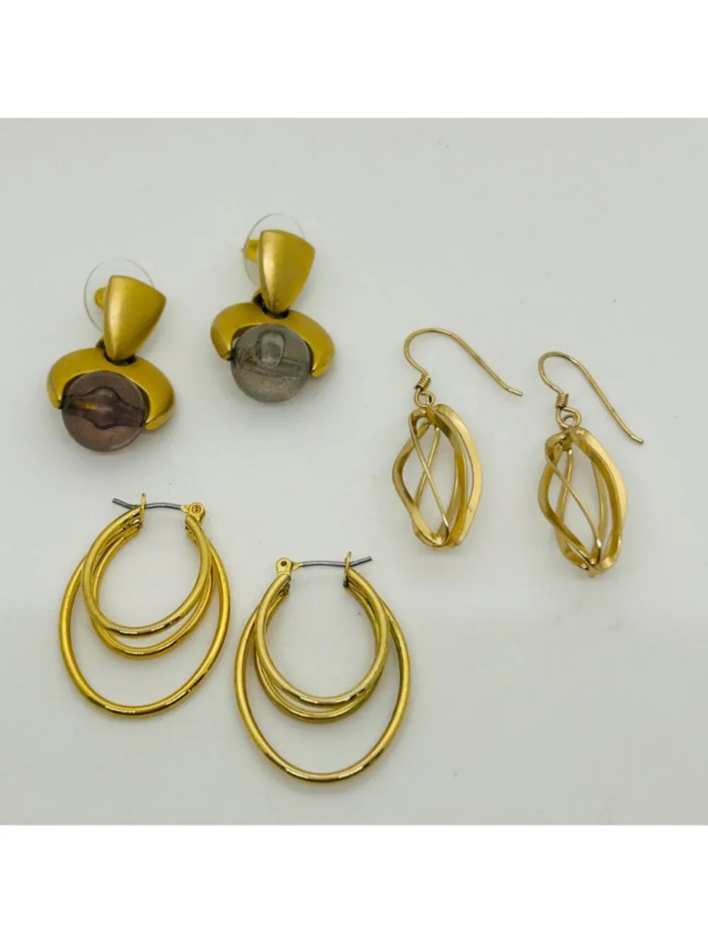 Modernist Gold Tone Acrylic Grey Orb Drop Dangle Hoop Pierced Earring 3 Pair Lot